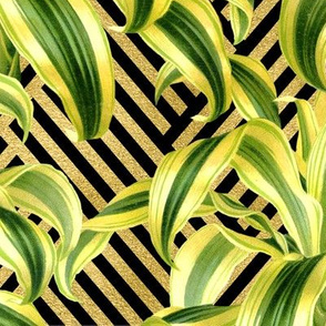 Tropical Palm Leaves on Stripped Herringbone Black Gold 