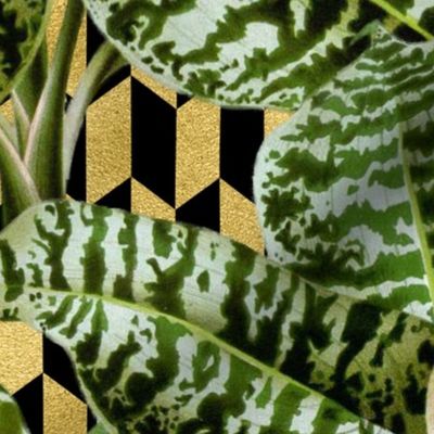 Tropical Palm Leaves on Checker Parallelogram Black Gold 