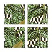 Tropical Palm Leaves on Checker Parallelogram Black White Gold