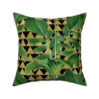 Tropical Palm Leaves on Checker Triangle Black Gold