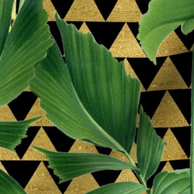 Tropical Palm Leaves on Checker Triangle Black Gold