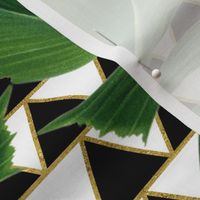 Tropical Palm Leaves on Checker Triangle Black White Gold