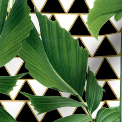 Tropical Palm Leaves on Checker Triangle Black White Gold