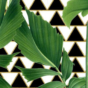 Tropical Palm Leaves on Checker Triangle Black White Gold