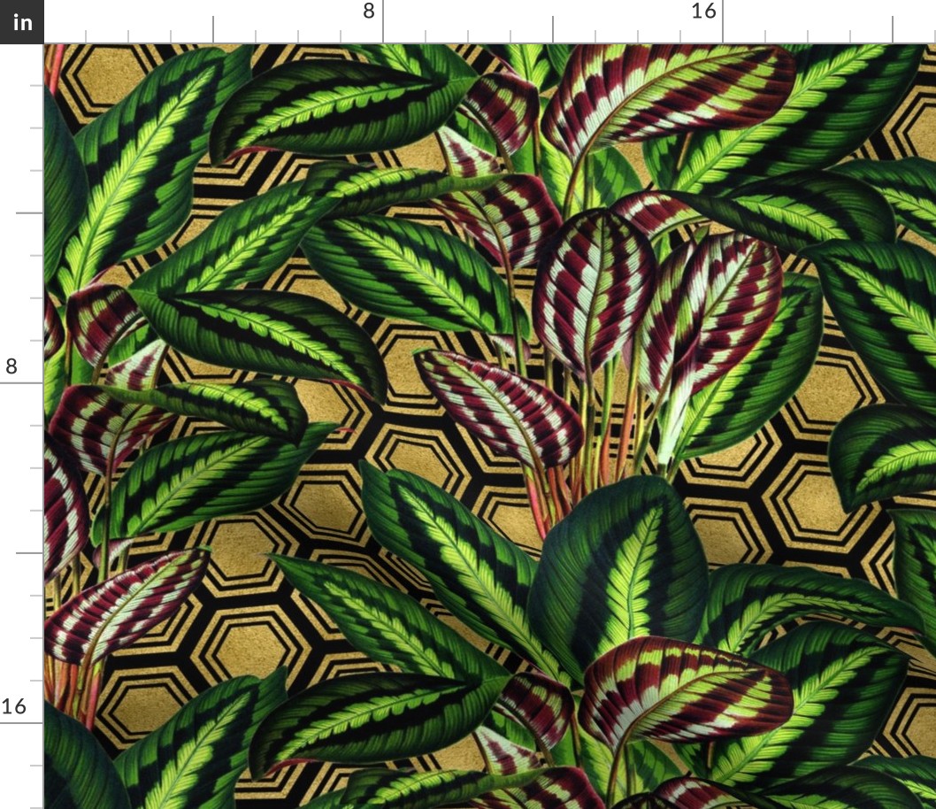 Tropical Palm Leaves on Polygon Black Gold