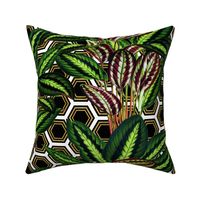 Tropical Palm Leaves on Polygon White Black Gold