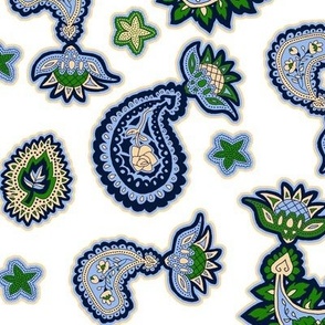 Green and Blue Paisley on White