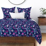 Small Scale Peony Branch Mural-Navy Magenta and Teal