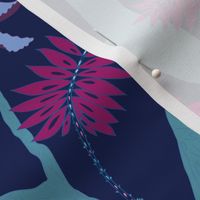 Small Scale Peony Branch Mural-Navy Magenta and Teal