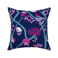 Small Scale Peony Branch Mural-Navy Magenta and Teal