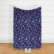 Small Scale Peony Branch Mural-Navy Magenta and Teal