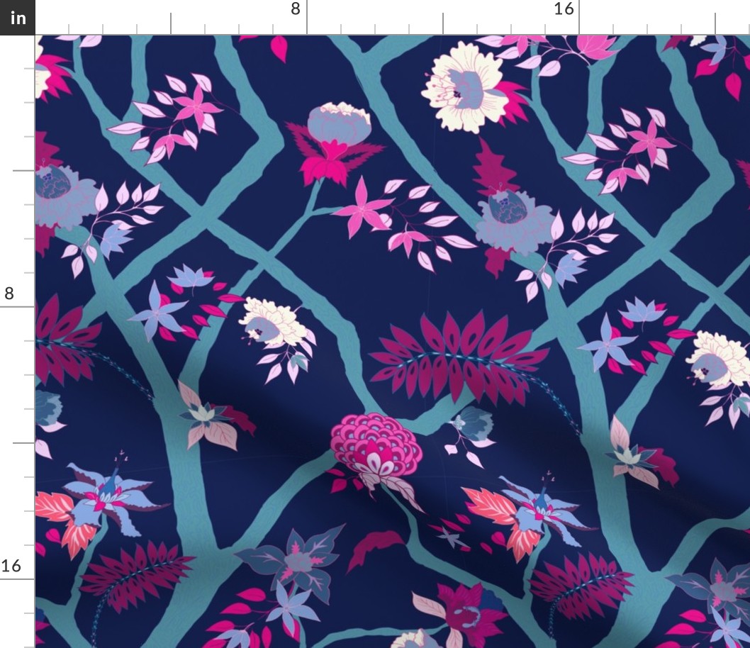 Small Scale Peony Branch Mural-Navy Magenta and Teal