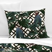 Tropical Palm Leaves on Woven Lattice White Black Gold
