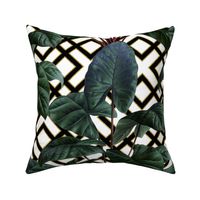 Tropical Palm Leaves on Woven Lattice White Black Gold