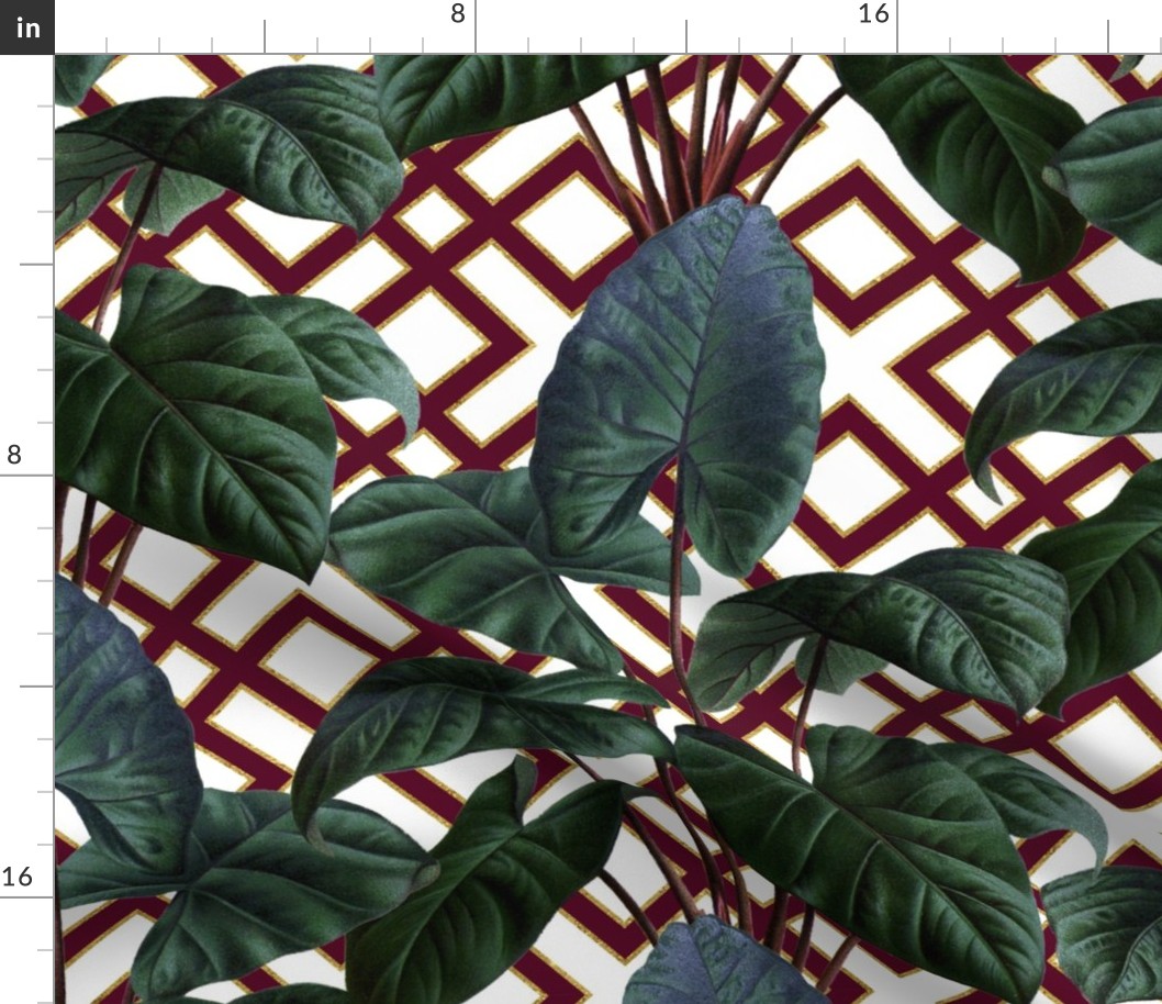 Tropical Palm Leaves on Woven Lattice White Burgundy Gold