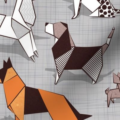 Normal scale // Origami doggie friends // grey linen texture background paper dogs