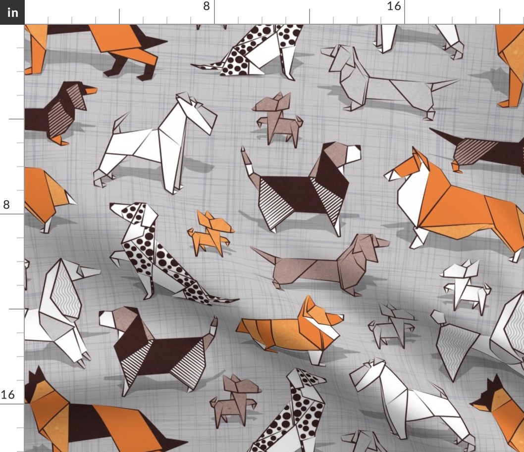 Normal scale // Origami doggie friends // grey linen texture background paper dogs