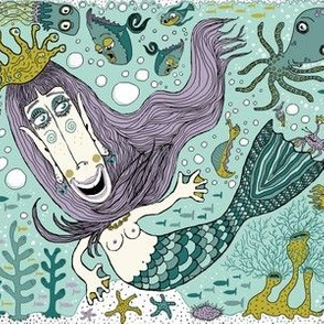 quirky mermaid with sea friends, large scale, mint green lavender orchid chartreuse yellow lime emerald