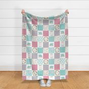 Woodland Quilt Panel - Baby Girl Cheater Quilt Top Nursery Blanket, Pink & Aqua