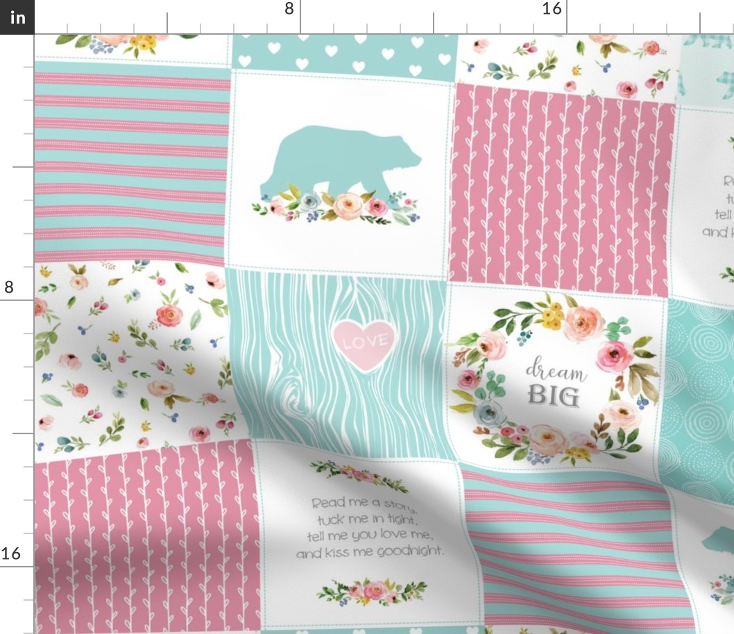 Woodland Quilt Panel - Baby Girl Cheater Quilt Top Nursery Blanket, Pink & Aqua