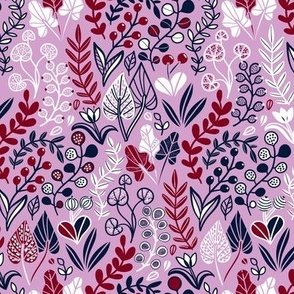 Violet botanical doodle pattern. Leaves, plants, flowers.