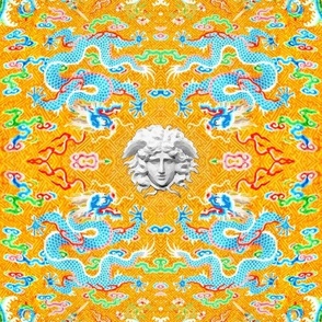 blue dragons medusa baroque rococo clouds flowers floral leaves fish asian japanese china chinese oriental medusa colorful rainbow flames fire ocean sea waves gorgons Greek Greece mythology far east meets west fusion chinoiserie   inspired  
