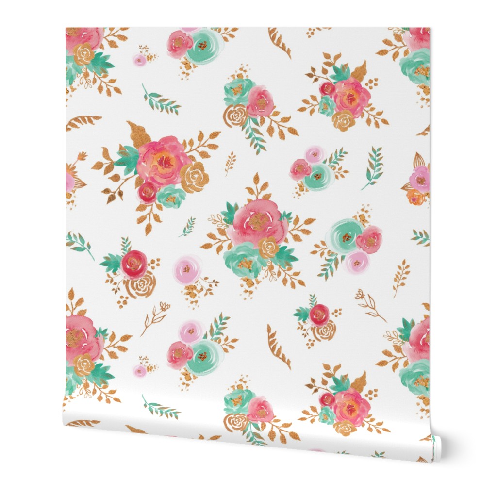Watercolor Floral Pink Coral Mint Gold 