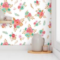 Watercolor Floral Pink Coral Mint Gold 