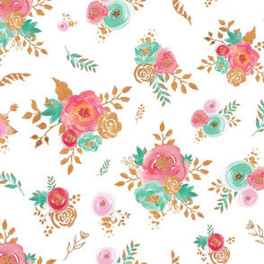 Watercolor Floral Pink Coral Mint Gold 