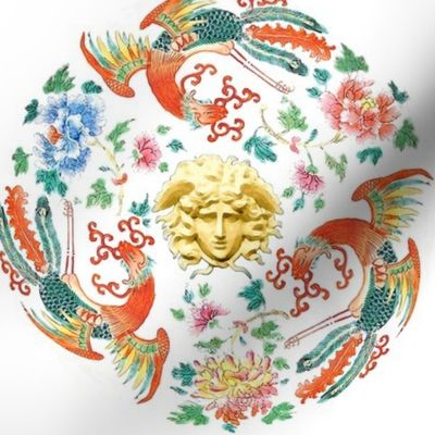 Phoenix birds floral flowers leaves leaf peony peonies baroque rococo asian japanese china chinese oriental medusa gorgons Greek Greece mythology far east meets west fusion chinoiserie   inspired 