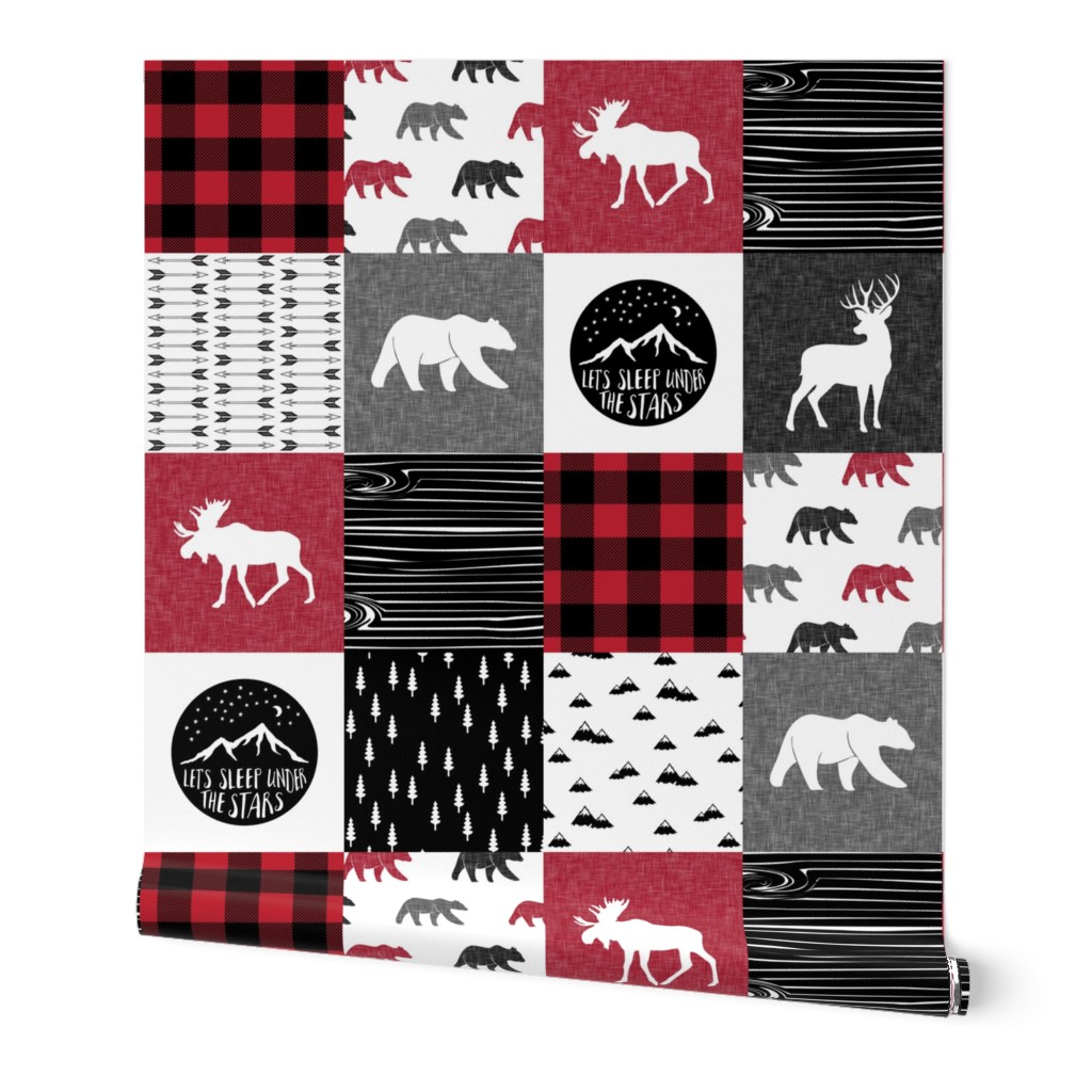 Happy Camper Patchwork with Buck - buffalo plaid red 