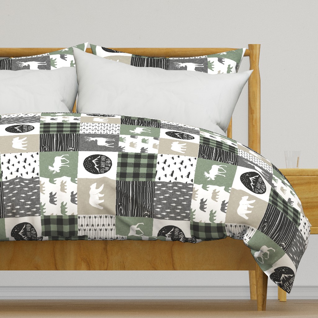 Happy Camper - Sage, Grey, Tan woodland patchwork (90)