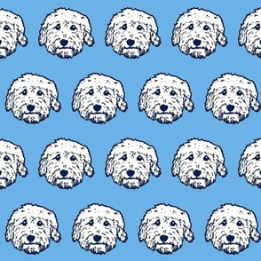 Doodle dogs! Goldendoodle or Labradoodle fabric! Adorable doodles! Golden doodle dogs in white and blue