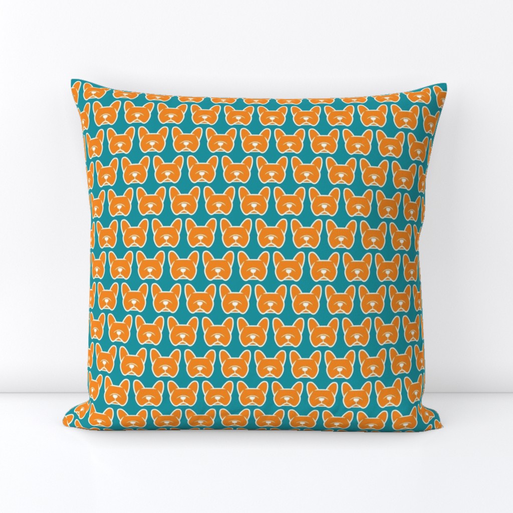 French Bulldog faces in orange and teal - cute French Bulldogs in bright colors