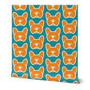 French Bulldog faces in orange and teal - cute French Bulldogs in bright colors