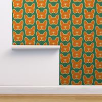French Bulldog faces in orange and teal - cute French Bulldogs in bright colors