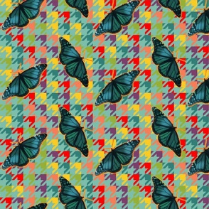 Colorful Houndstooth Dogstooth Check, Flying Botanic Butterflies, Red Purple Yellow Plaid Fashion Dress Fabric