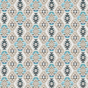 Tiny Scale Woven Textured Kilim - turquoise, brown and cream