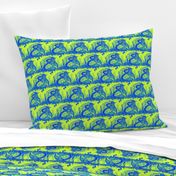 Fantastical Quail on a Nest in Blue Filigree on Lime