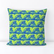 Fantastical Quail on a Nest in Blue Filigree on Lime