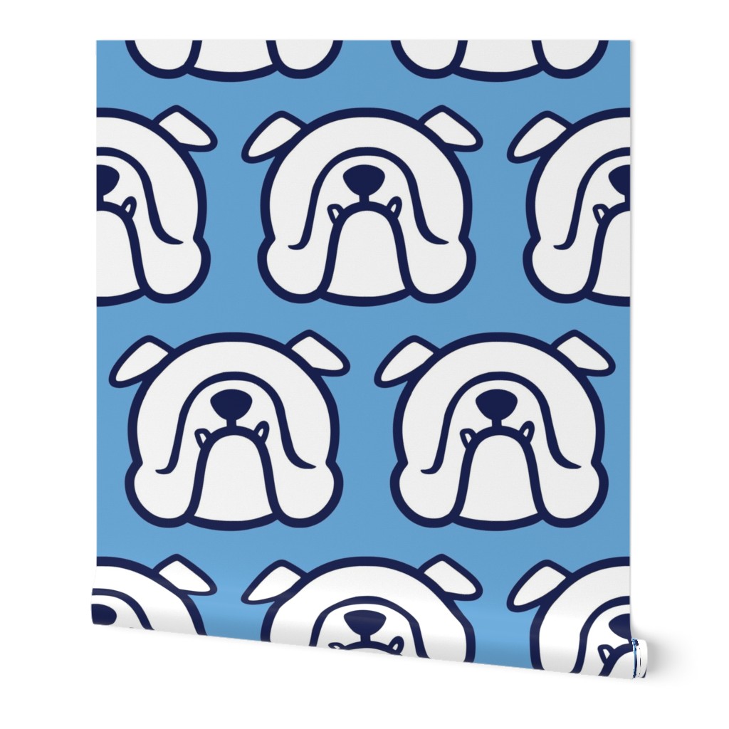 English Bulldog fabric - white Bully faces on blue background