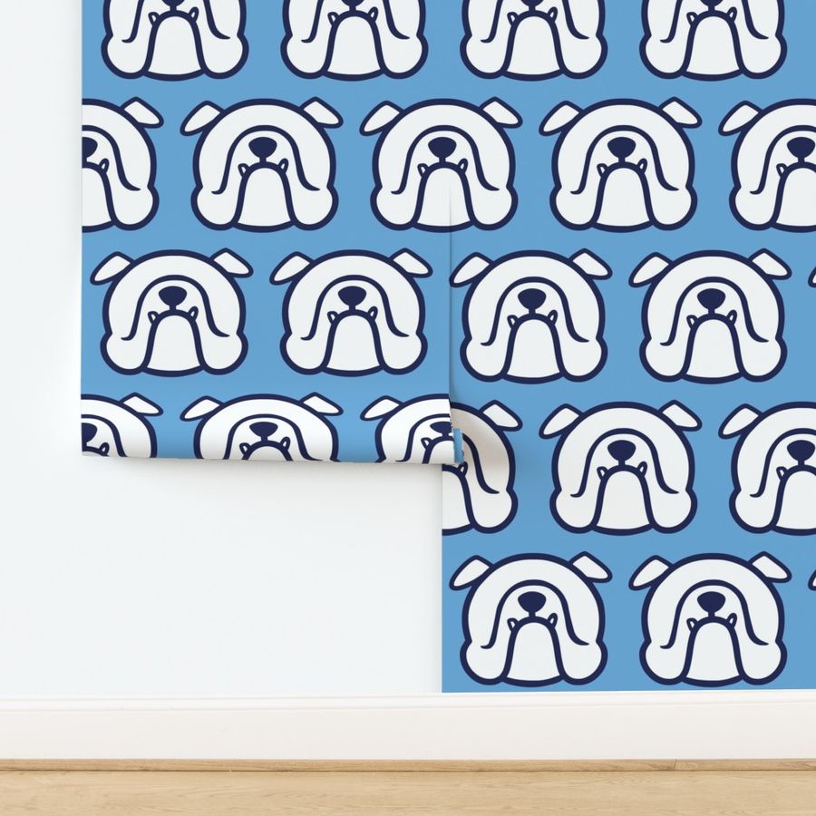 English Bulldog fabric - white Bully faces on blue background