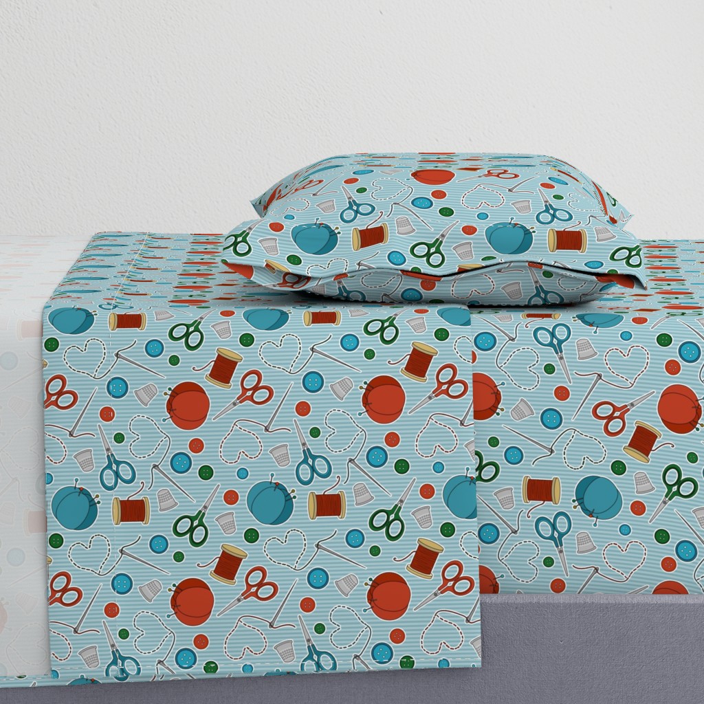 Cute Sewing Themed Pattern Blue Background