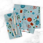 Cute Sewing Themed Pattern Blue Background