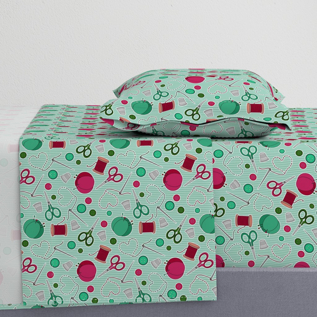 Cute Sewing Themed Pattern Green Background