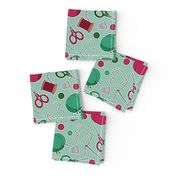 Cute Sewing Themed Pattern Green Background