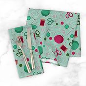 Cute Sewing Themed Pattern Green Background