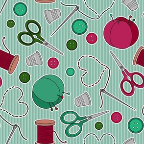 Cute Sewing Themed Pattern Green Background