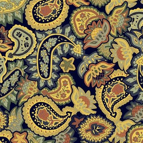 Scattered Allover Paisley in Blue and Golds