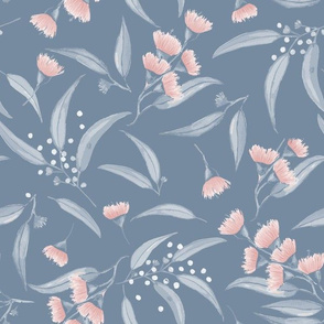 Gum Blossoms - Blue Leaves and Pink Blossoms on Blue Background